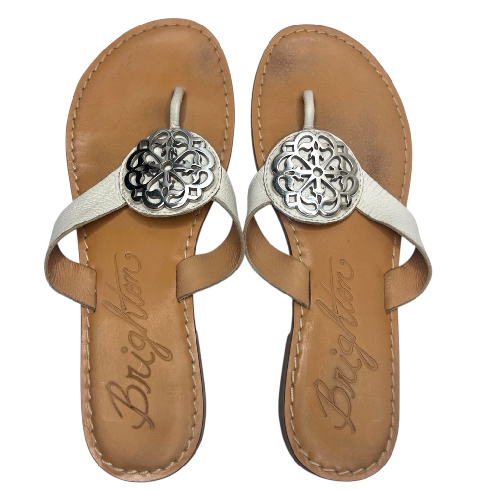 BRIGHTON Alice White Leather Sandals Silver‎ Medallion Size 8.5 - Picture 10 of 12